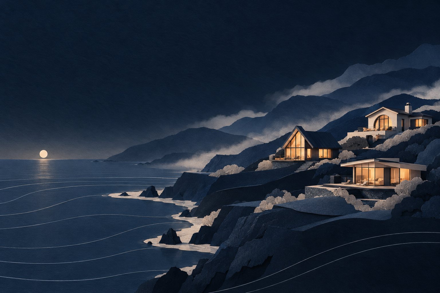 Styled paper landscape of three warmly lit vacation homes above a midnight-blue coastline